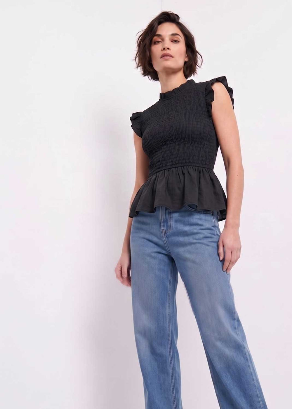 Alette Shirred Top - Taupe Frill Sleeves Peplum Design One Size Fits UK 8-14 Comfortable Fit for Casual & Dressy Occasions