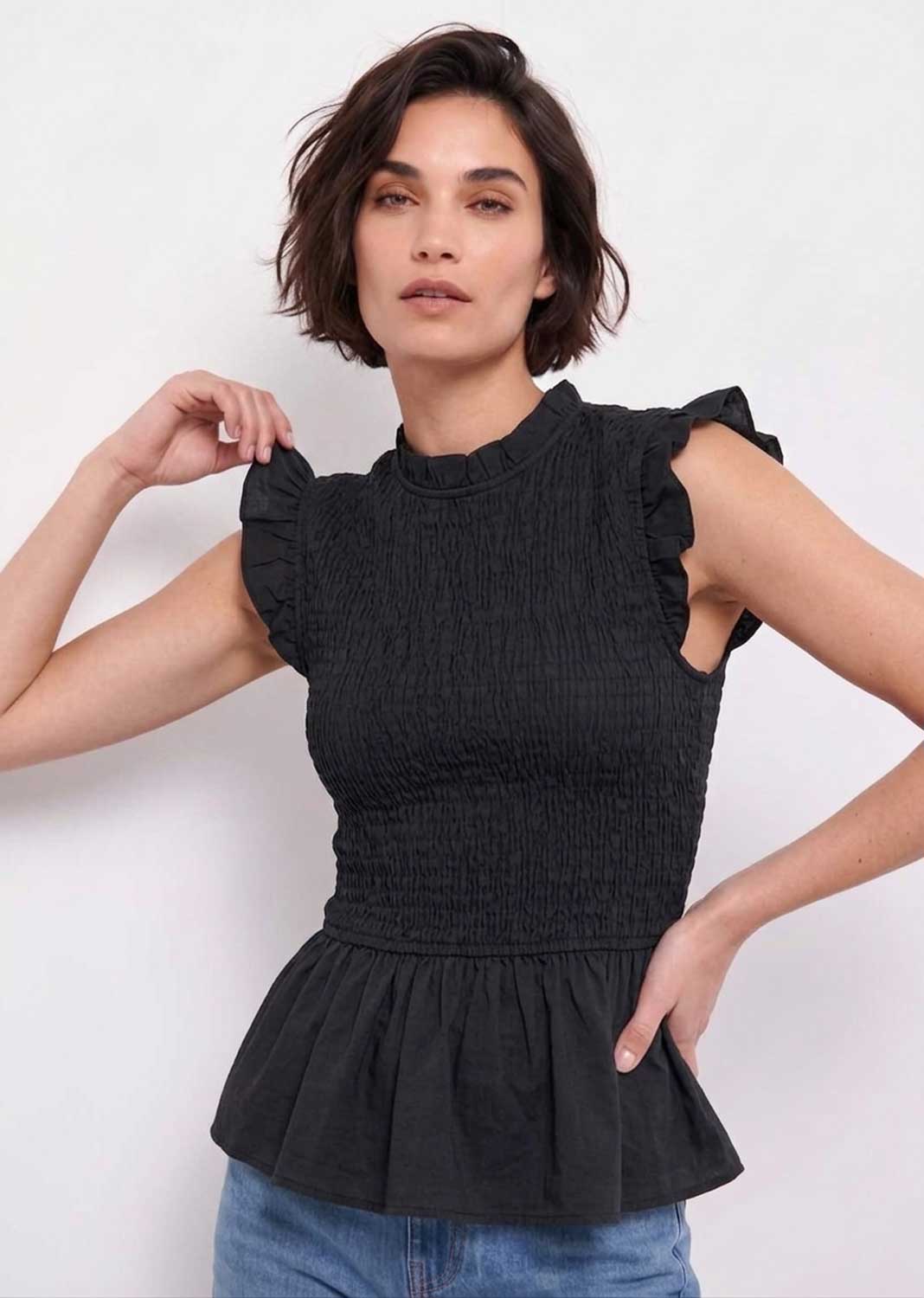 Alette Shirred Top - Taupe Frill Sleeves Peplum Design One Size Fits UK 8-14 Comfortable Fit for Casual & Dressy Occasions