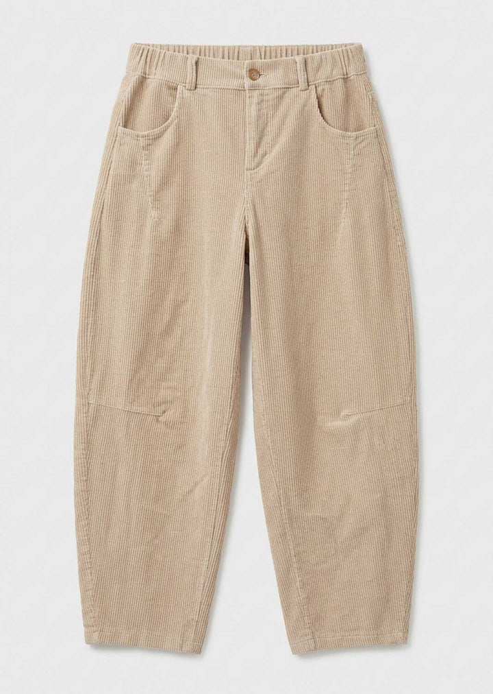 A pair of beige corduroy trousers with an elastic waistband, button closure, and front patch pockets, laid flat against a light gray background.