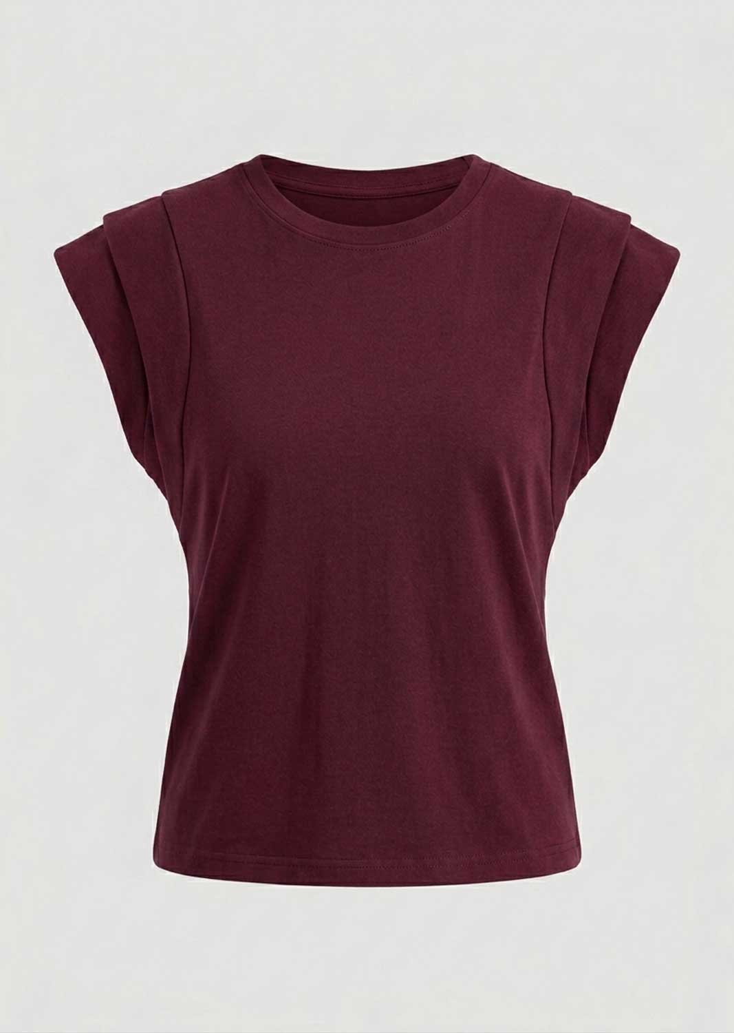 A sleeveless crewneck top in a deep burgundy or maroon color, displayed on a clean, light gray background.