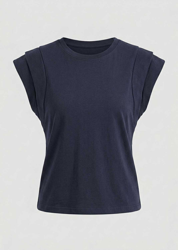 A dark navy blue sleeveless top with layered, ruffled shoulder details