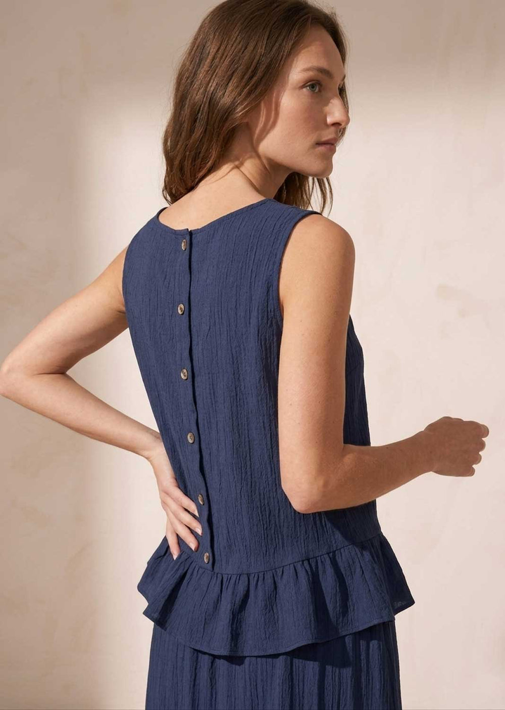 navy crepe button tack top 