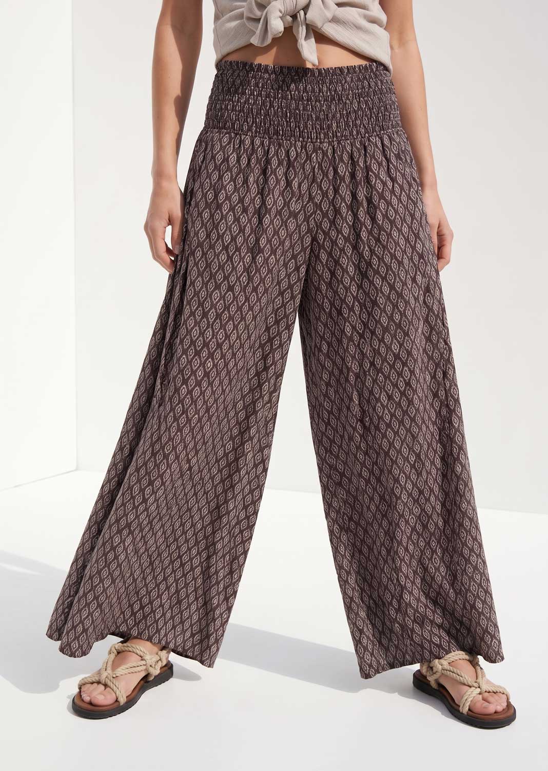 Brown Leaf Print wide leg Palazzo Pants for women with shirred waist 