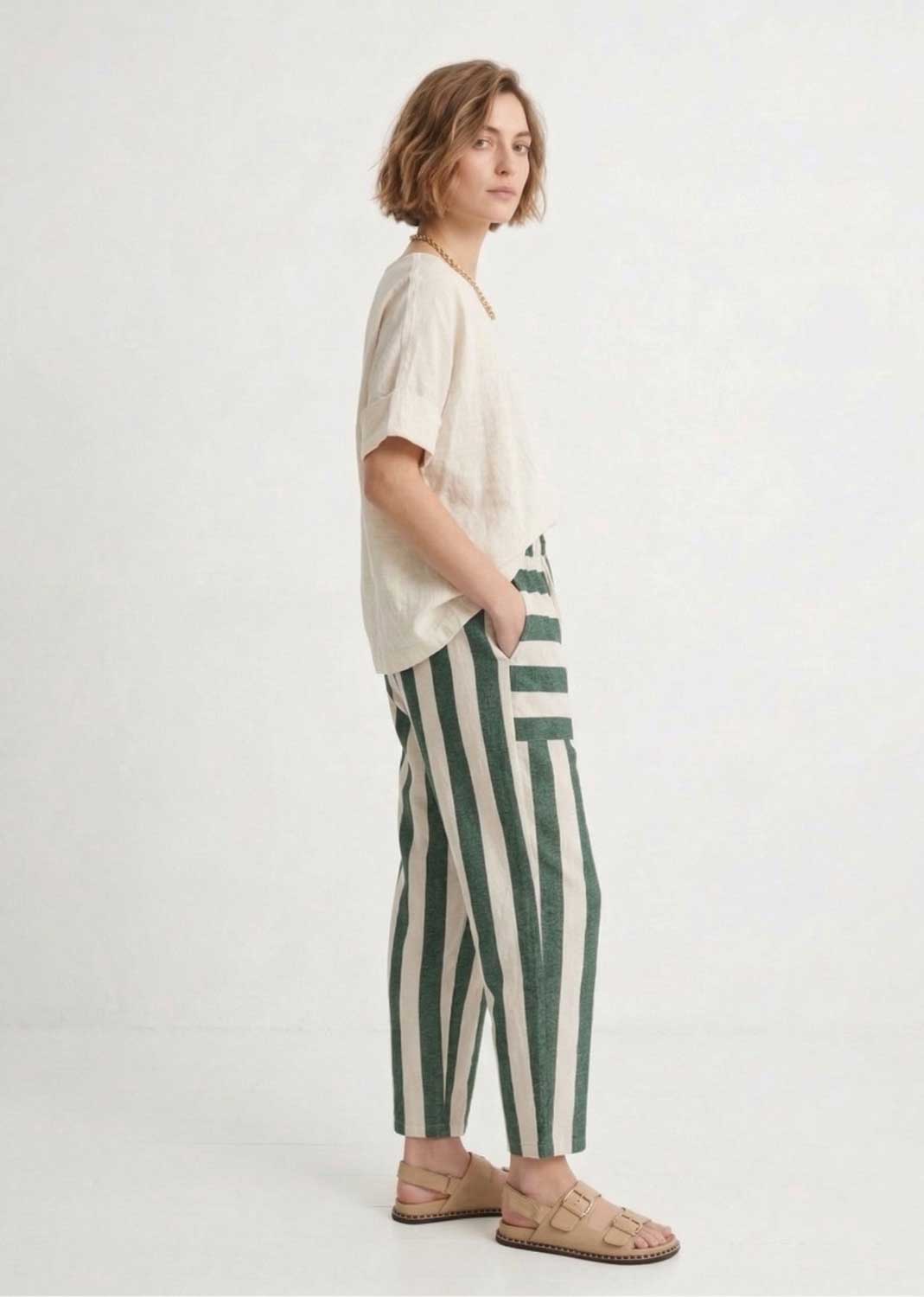 Green and Cream Stripe Barrel Pants