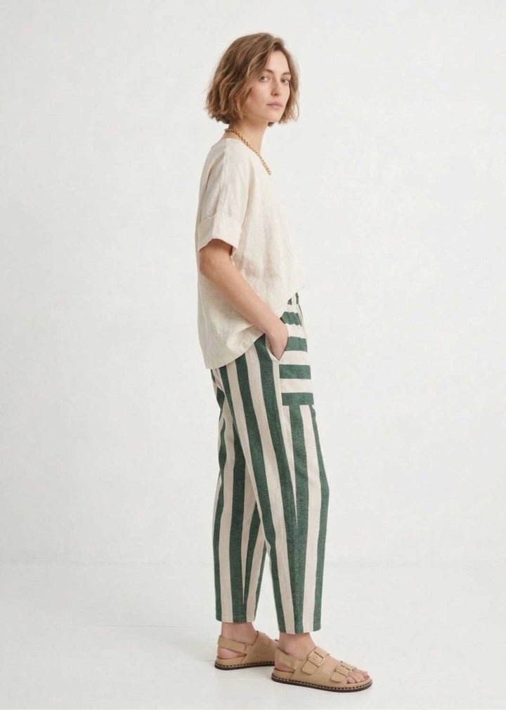 Green and Cream Stripe Barrel Pants