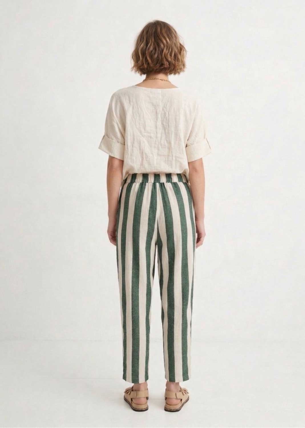 Green and Cream Stripe Barrel Pants