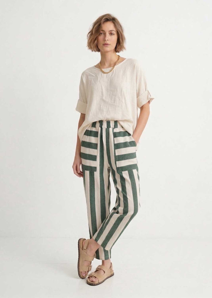 Green and Cream Stripe Barrel Pants