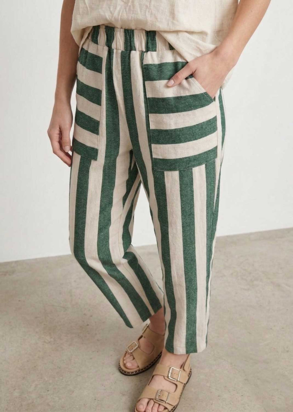 Green and Cream Stripe Barrel Pants