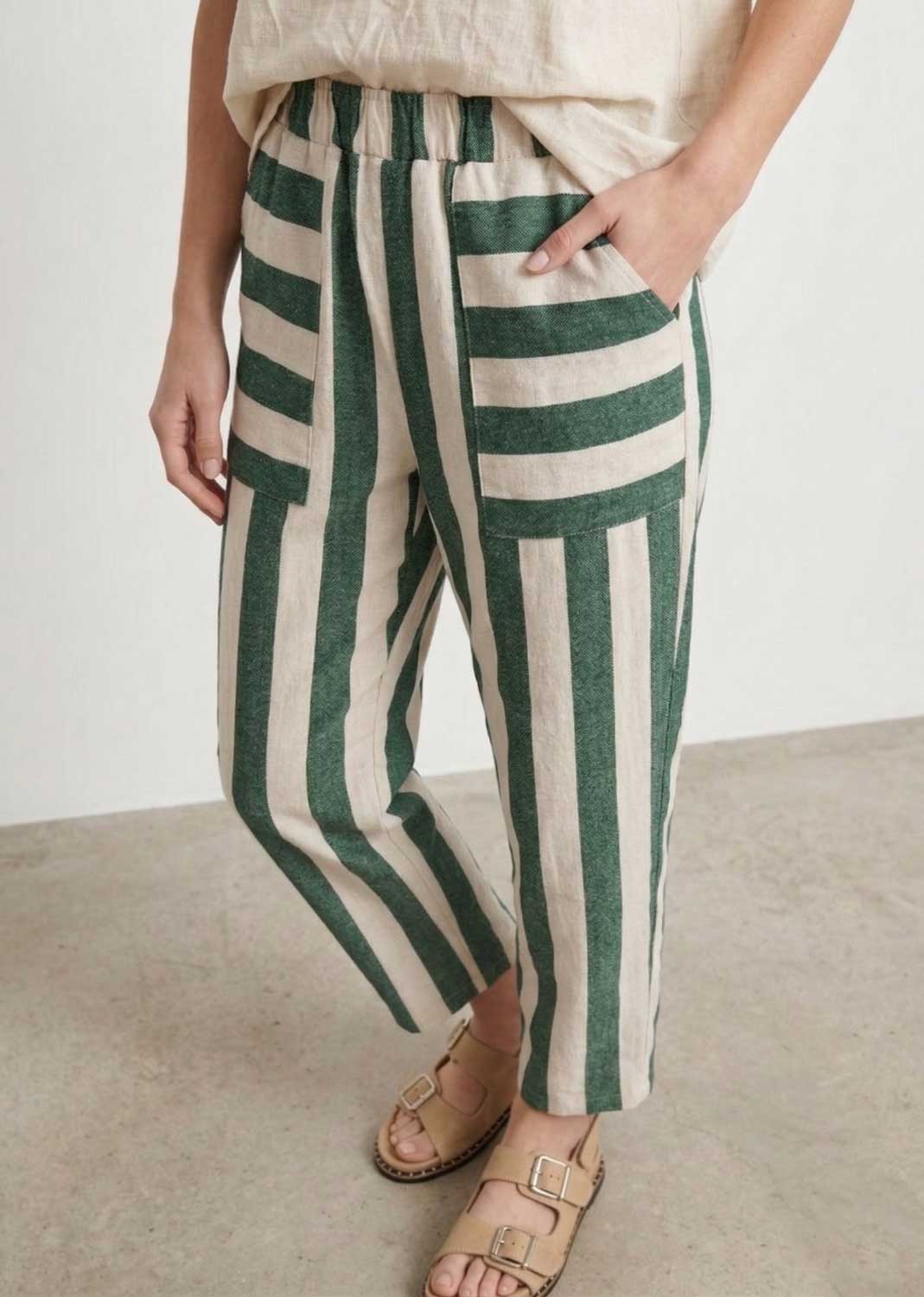 Green and Cream Stripe Barrel Pants