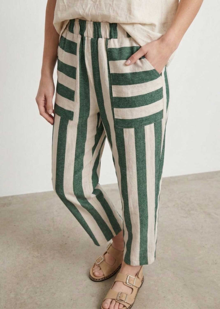Green and Cream Stripe Barrel Pants