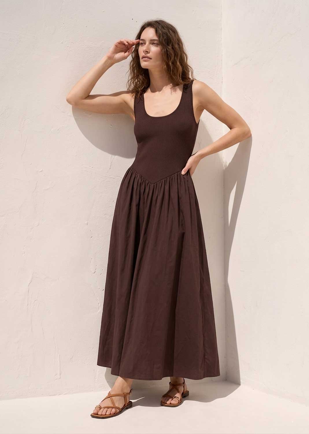 Audrey Brown Drop Waist Maxi Dress
