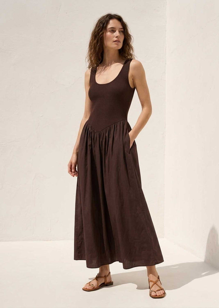 brown full skirt maxi dress