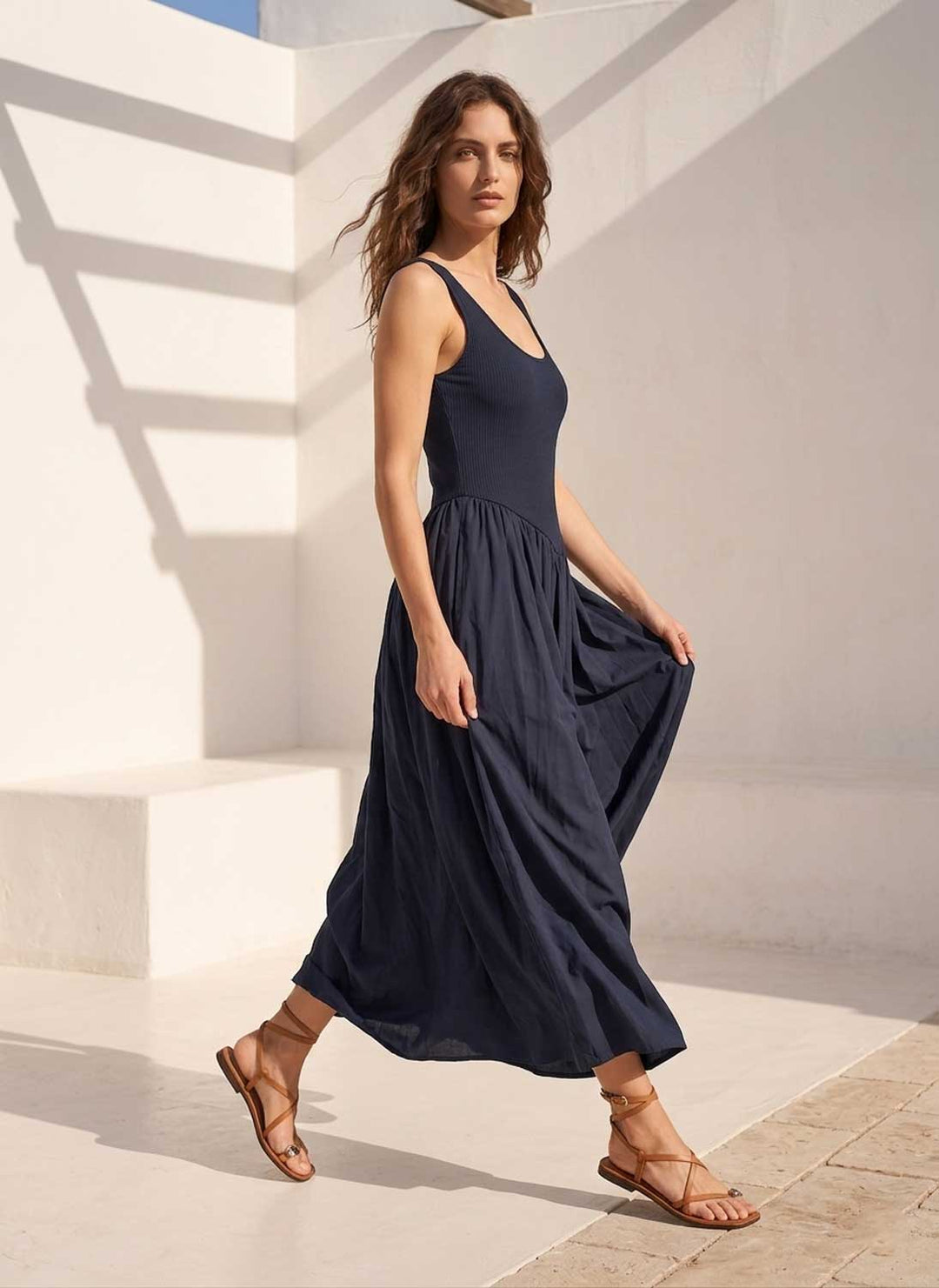 Audrey Navy Drop Waist Maxi Dress