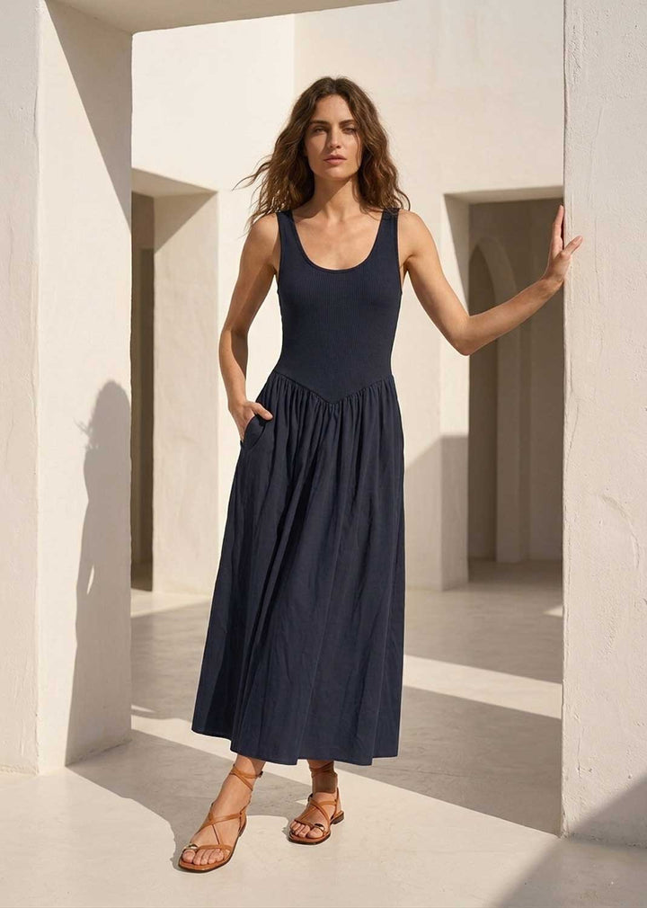Audrey Navy Drop Waist Maxi Dress