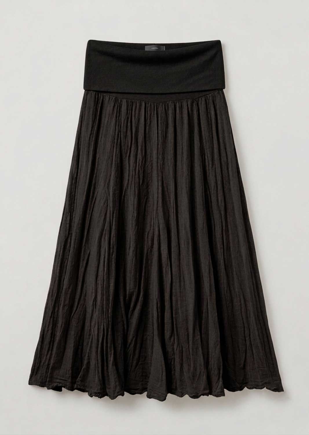 A black pleated midi skirt with a wide, structured waistband, displayed flat against a light gray background.