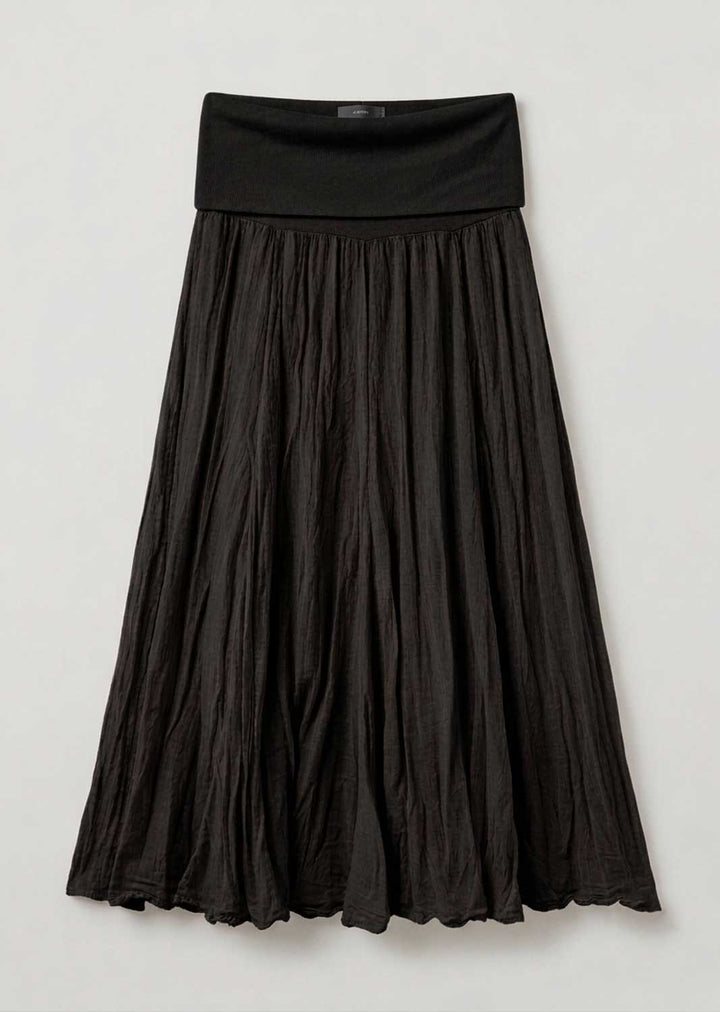 A black pleated midi skirt with a wide, structured waistband, displayed flat against a light gray background.