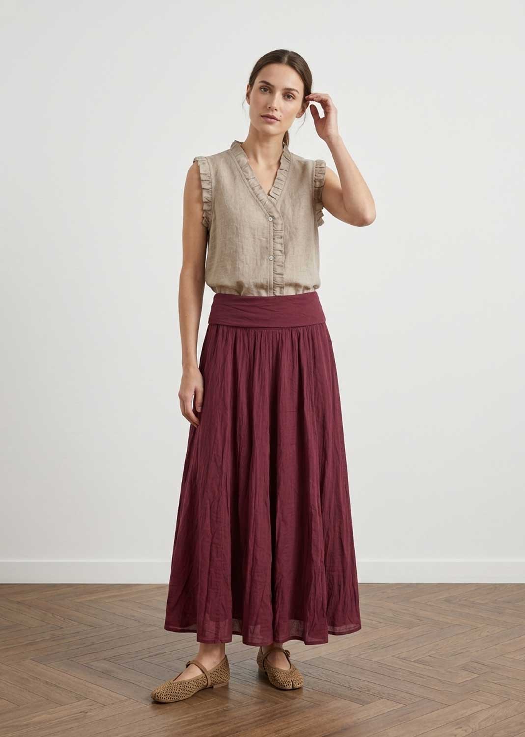 Aura Burgundy Foldover Maxi Skirt