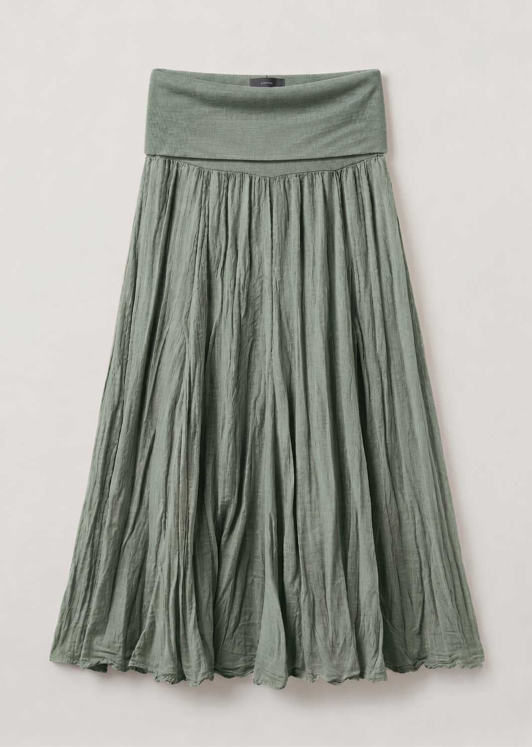 A sage green pleated midi skirt with a wide elastic waistband, shown flat against a light off-white background.