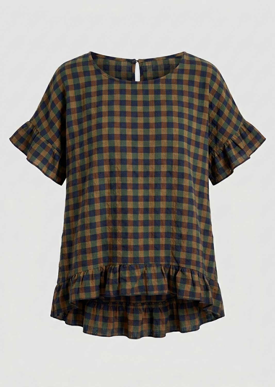 A short-sleeve plaid top with ruffled sleeves and a ruffled hem, featuring a green, brown, and beige checkered pattern, shown against a plain light gray background.