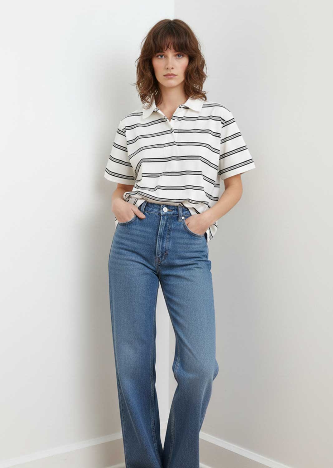 Bobbie Stripe Polo Tshirt White Black
