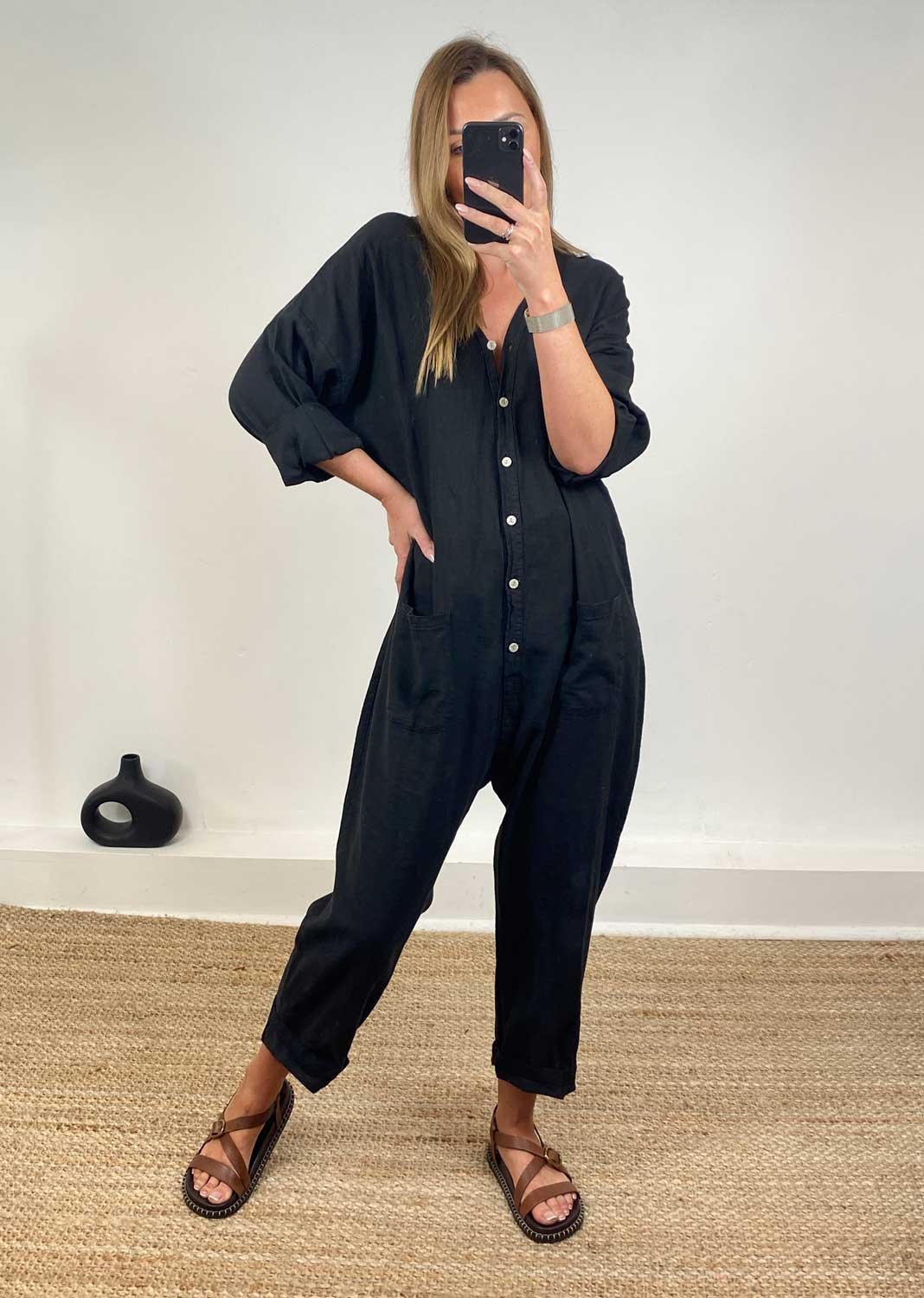 Carly Linen Blend Boilersuit in Black