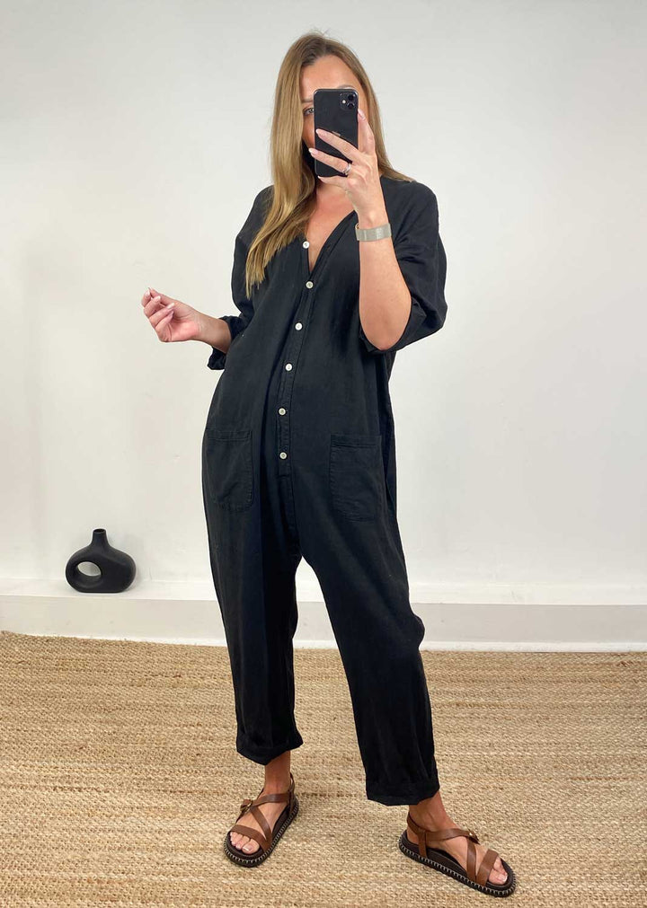 Carly Linen Blend Boilersuit in Black