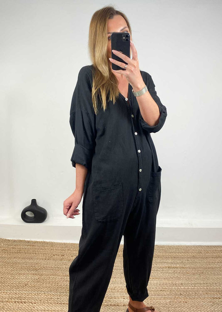 Carly Linen Blend Boilersuit in Black