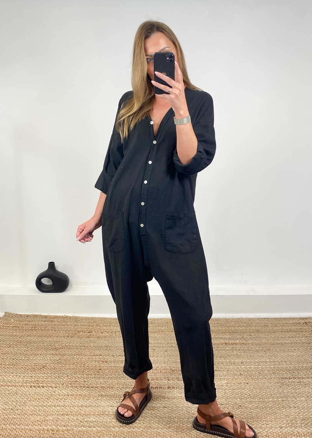 Carly Linen Blend Boilersuit in Black