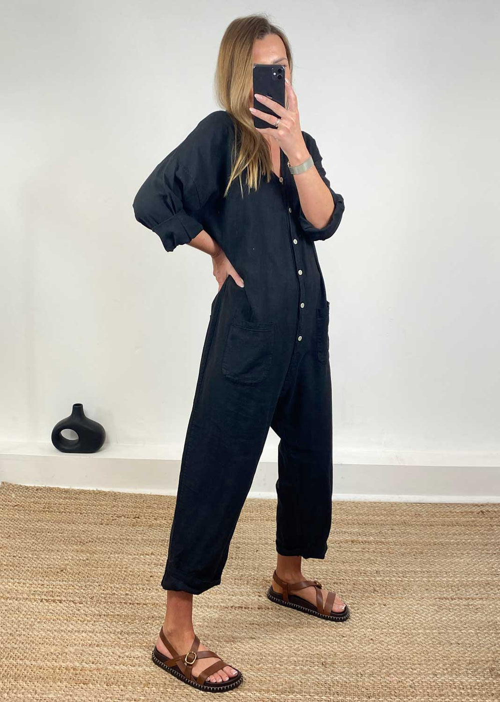 Carly Linen Blend Boilersuit in Black