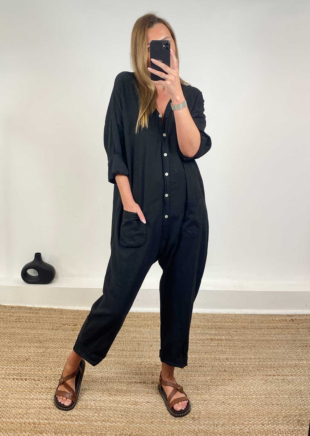 Carly Linen Blend Boilersuit in Black