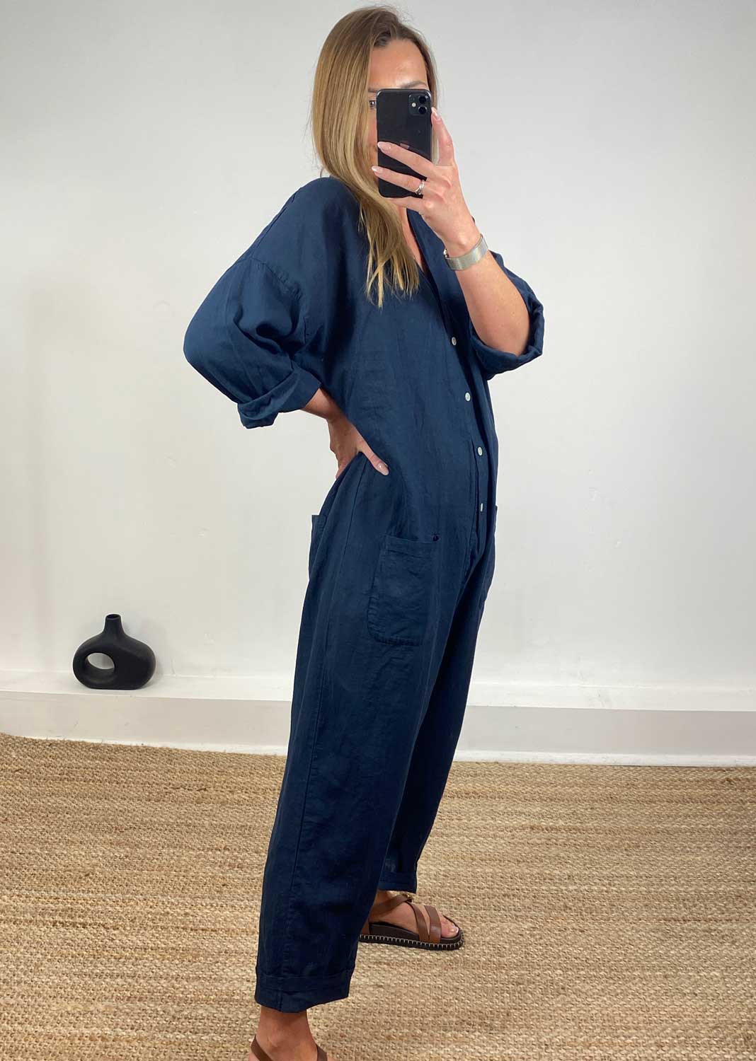 Carly Linen Blend Boilersuit in Navy