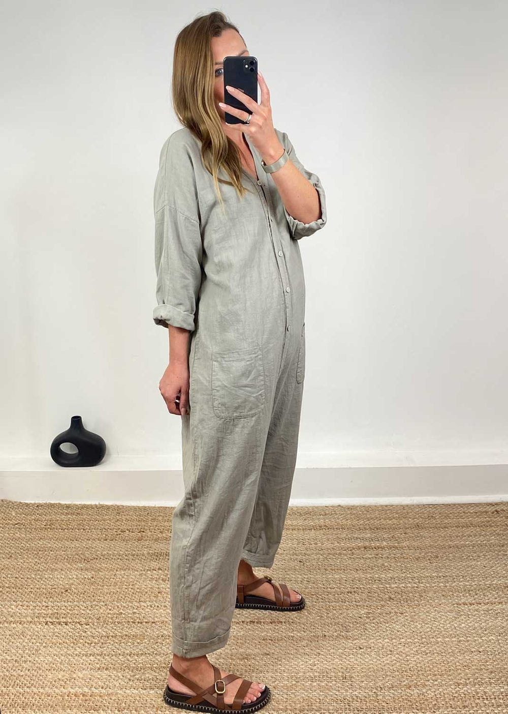Linen Blend Boilersuit in Taupe
