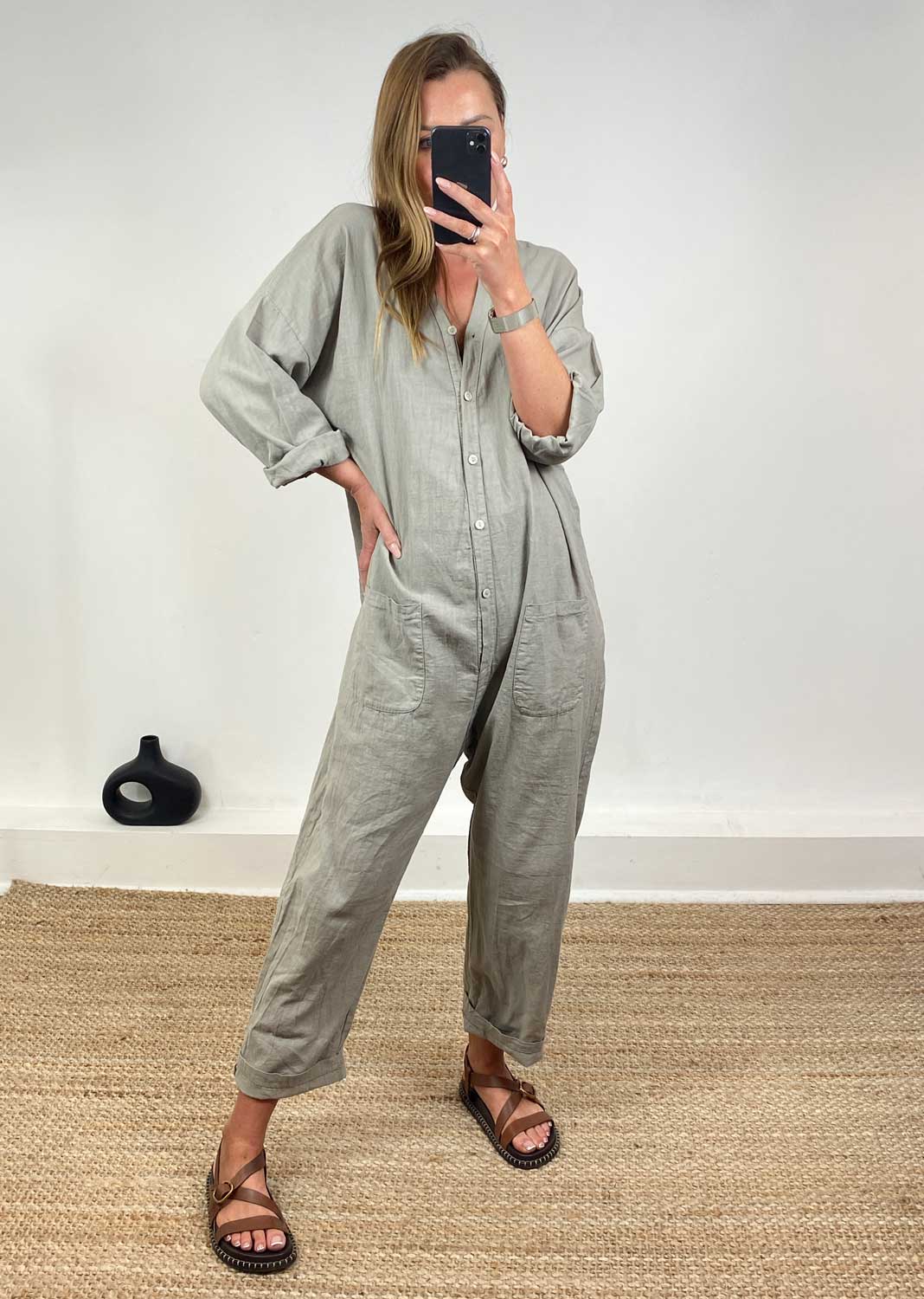 Linen Blend Boilersuit in Taupe