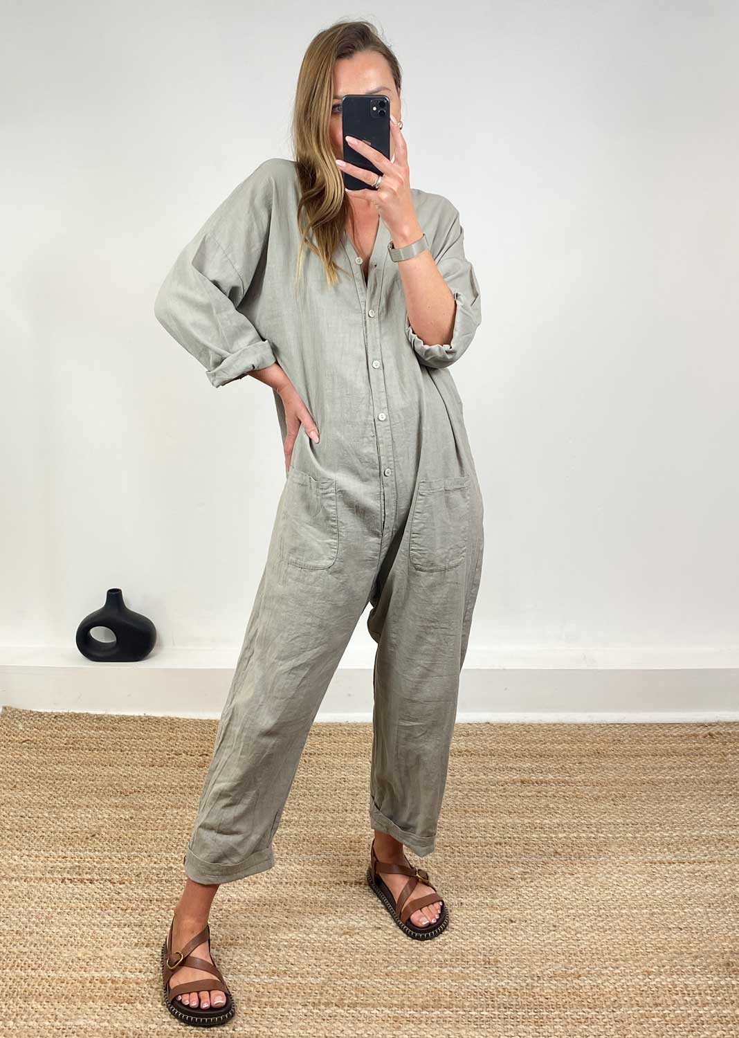 Linen Blend Boilersuit in Taupe