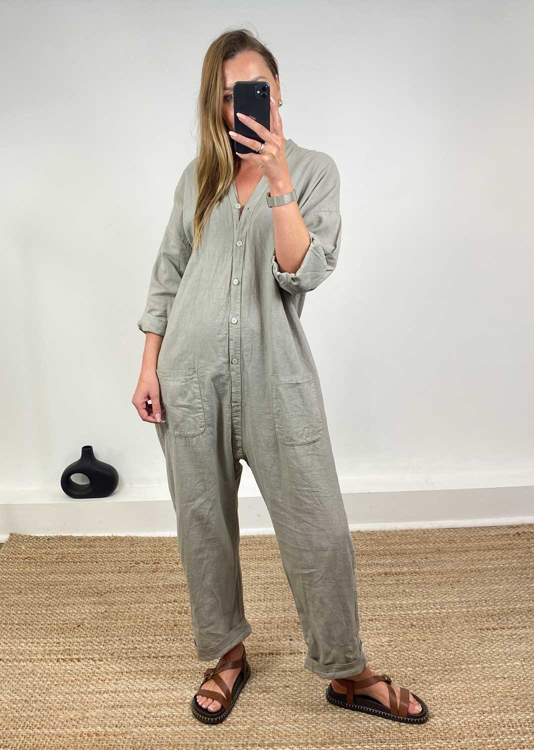 Carly Linen Blend Boilersuit in Taupe