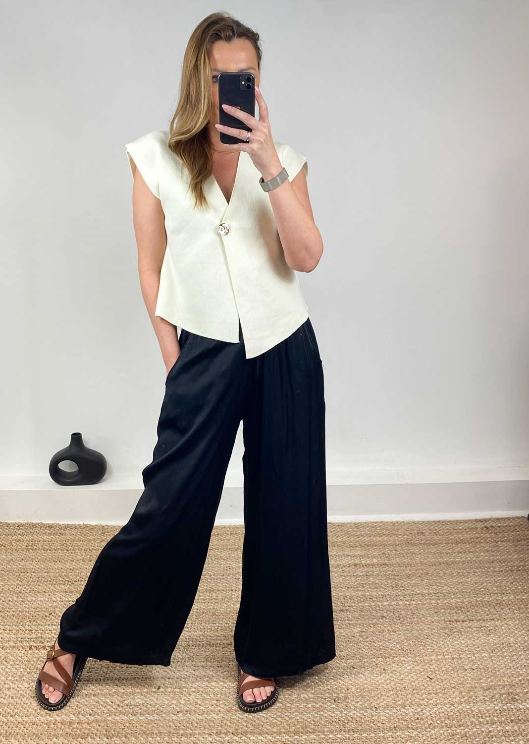 Brooke Silky Tie Waist Pants in Black