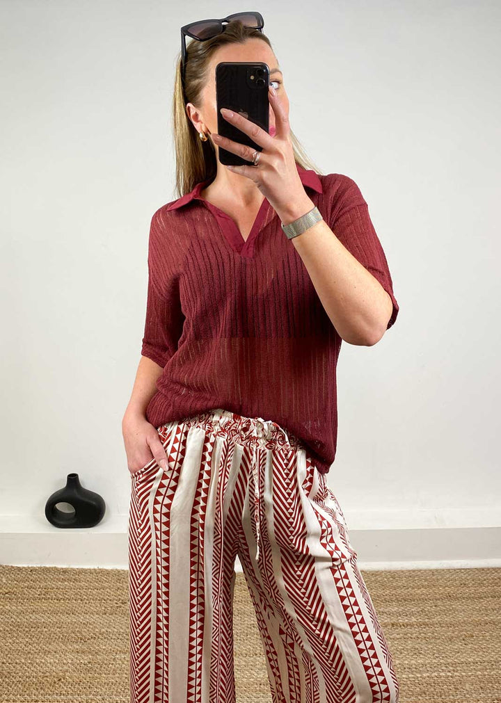 Cailey Knitted Polo Top  Burgundy