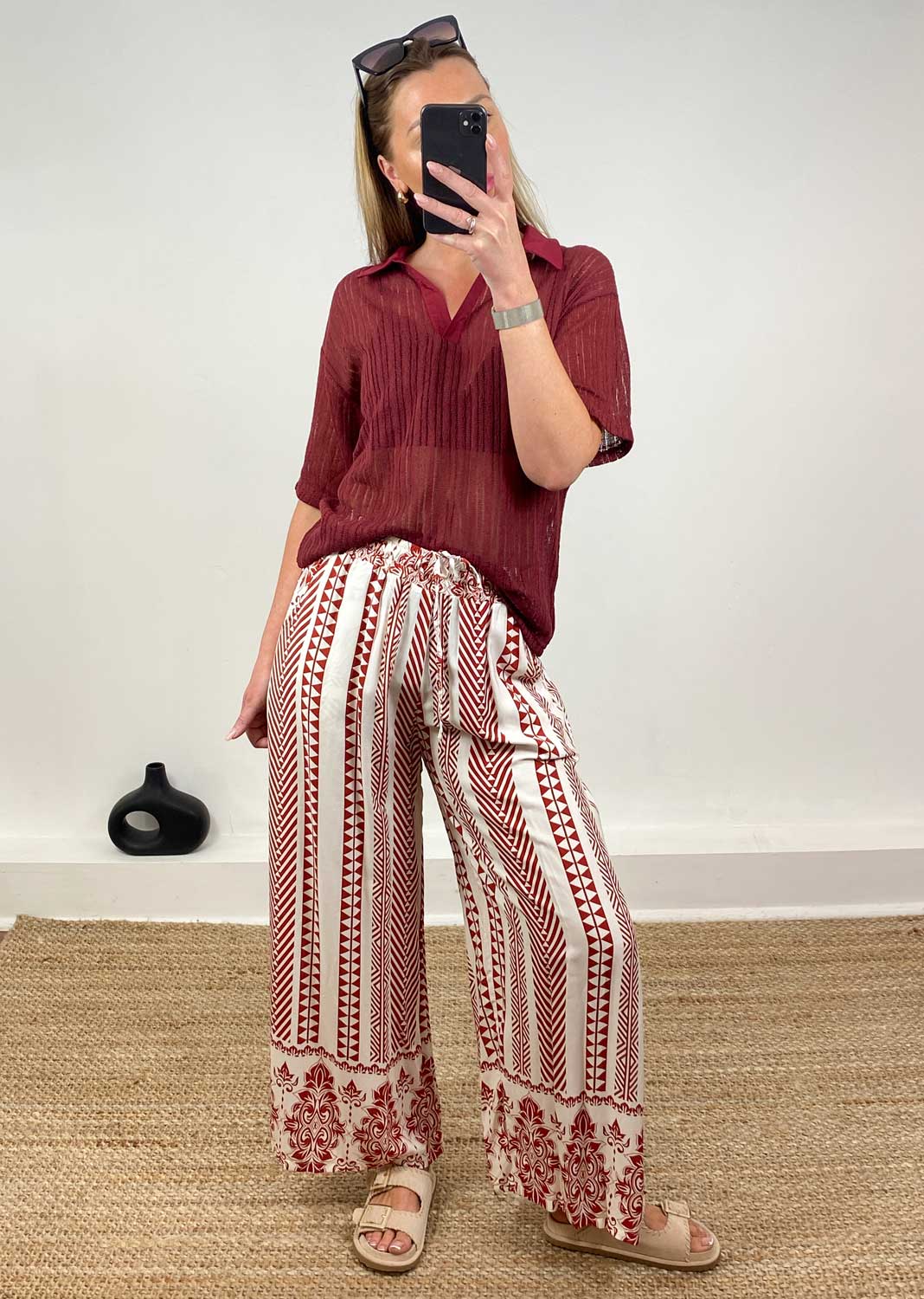 Cailey Knitted Polo Top  Burgundy