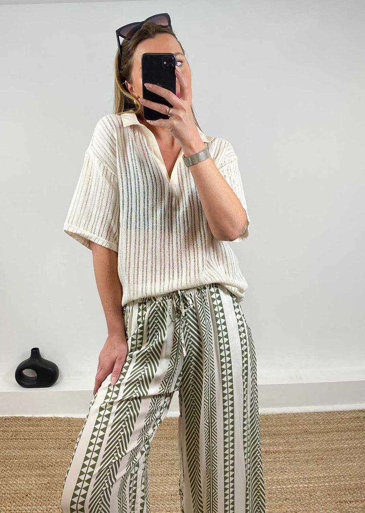 Cailey Knitted Polo Top  Beige