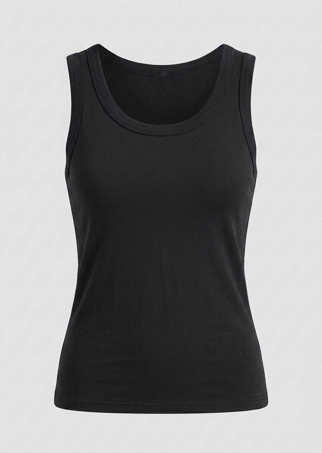 A black sleeveless tank top with a wide scoop neckline