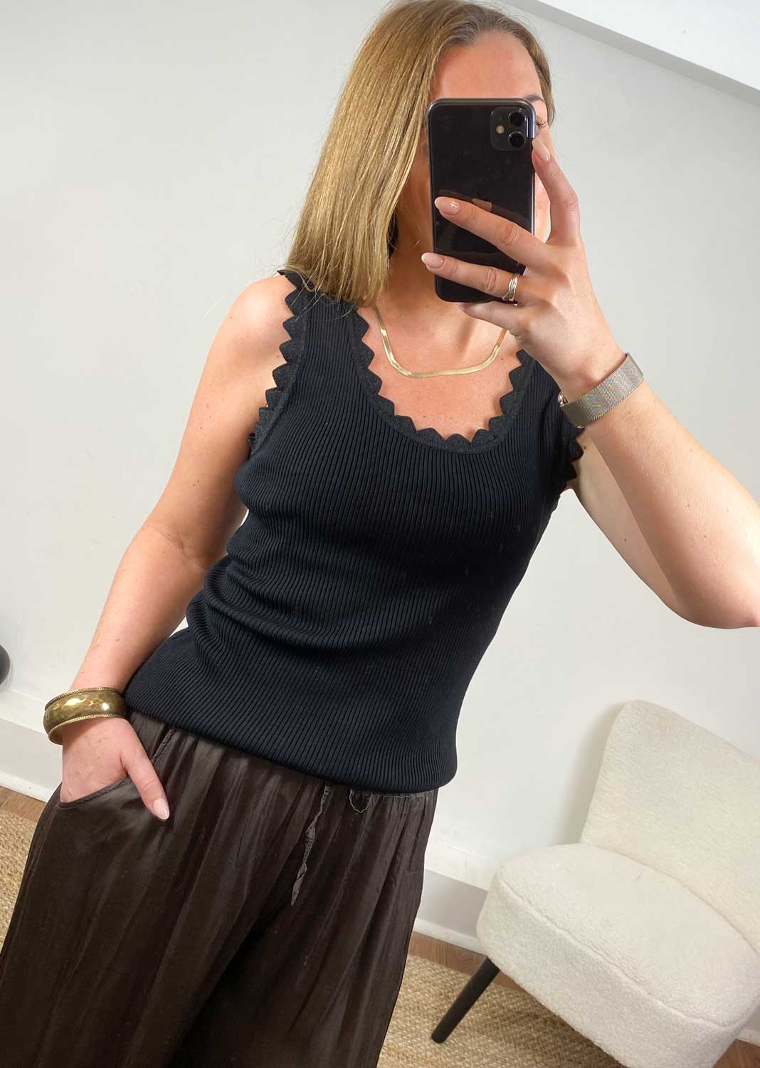 Carine Metallic Ribbed Knit Vest  Black