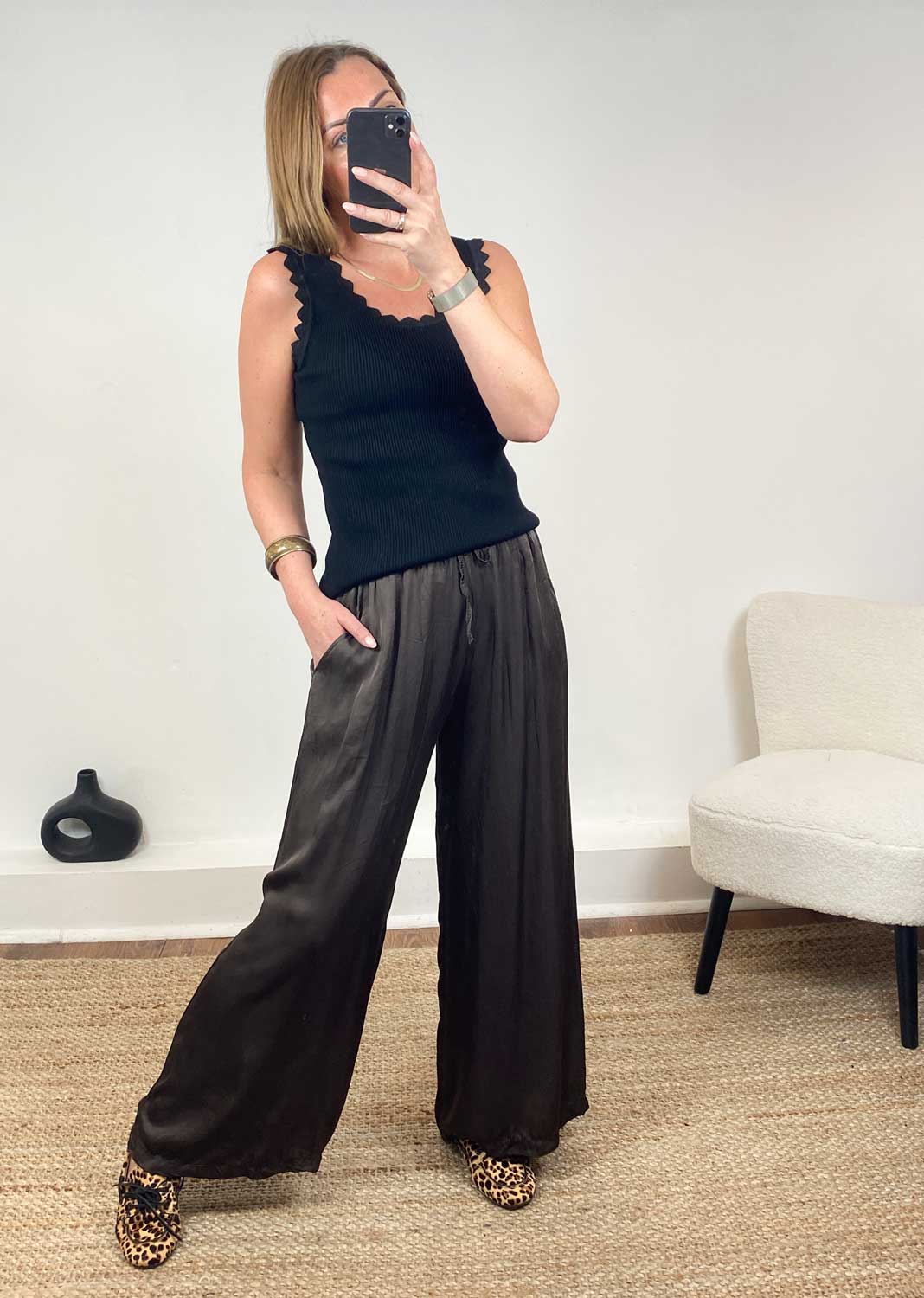 Carine Metallic Ribbed Knit Vest  Black