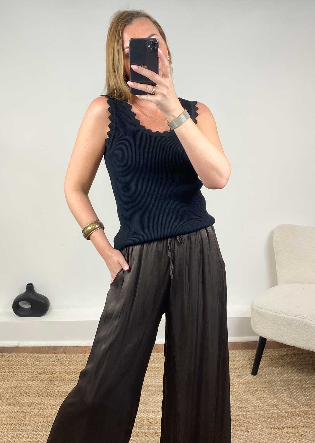 Carine Metallic Ribbed Knit Vest  Black