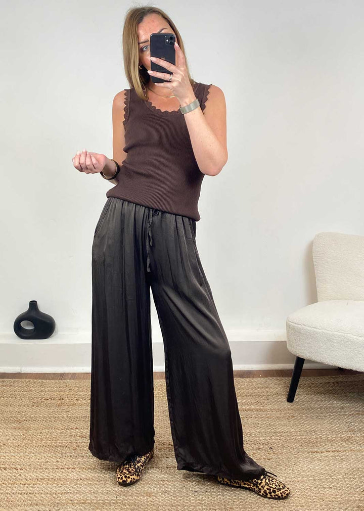 Brooke Silky Tie Waist Pants in Espresso Brown