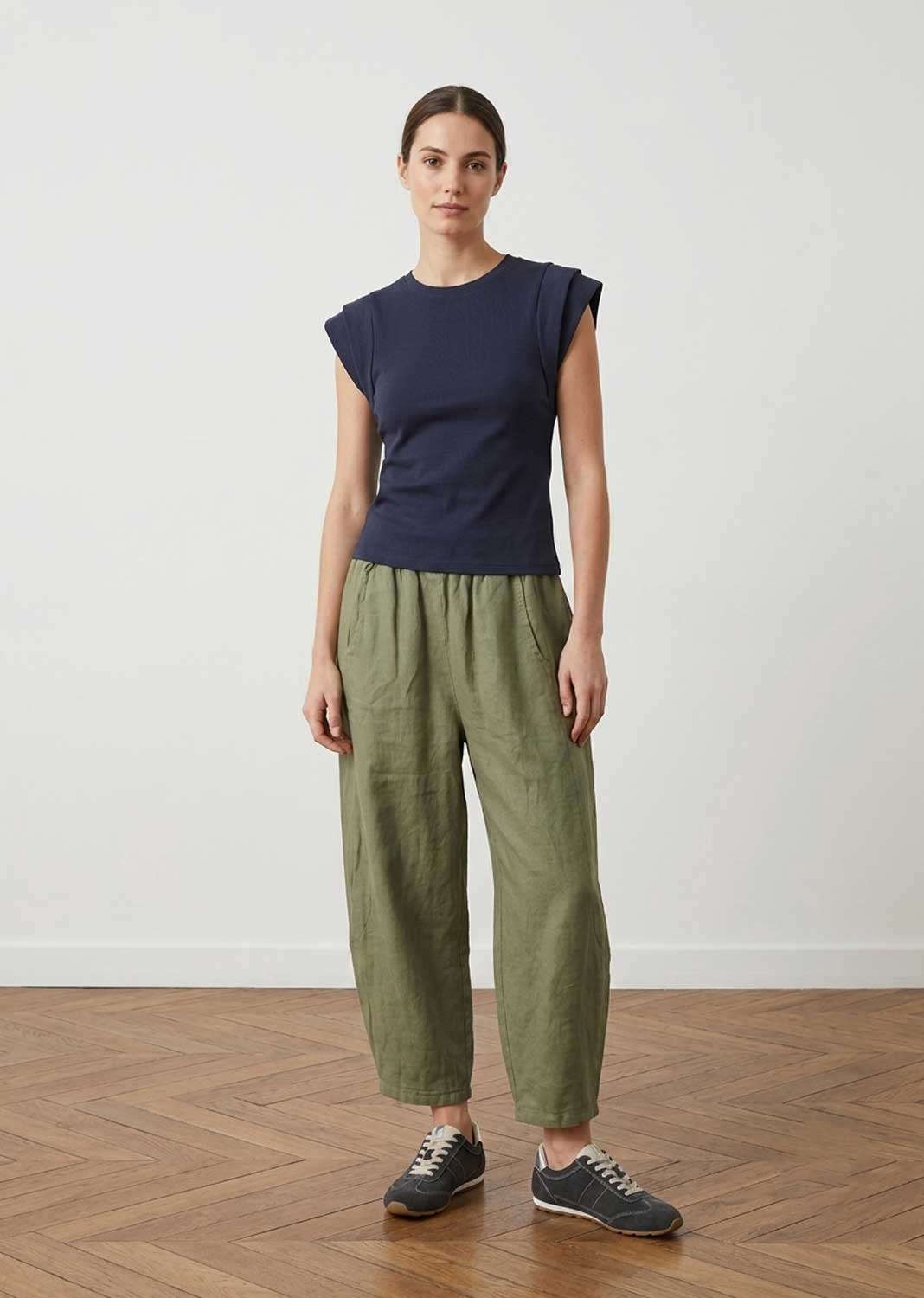 sage green linen barrel pants
