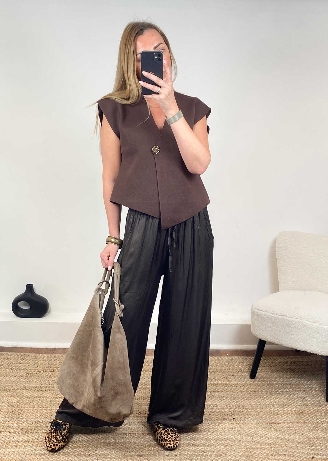 Brooke Silky Tie Waist Pants in Espresso Brown