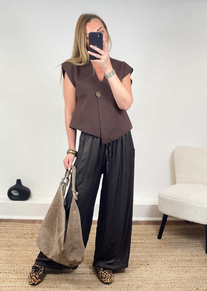 Brooke Silky Tie Waist Pants in Espresso Brown