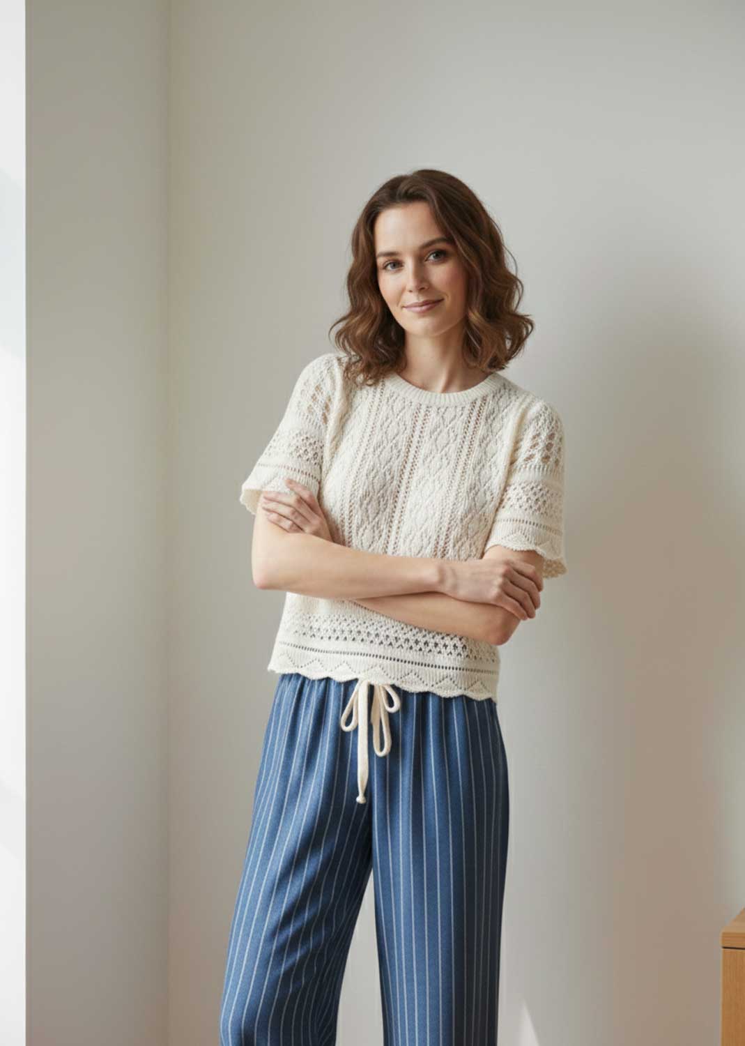 Elke Short Sleeve Crochet Top Cream