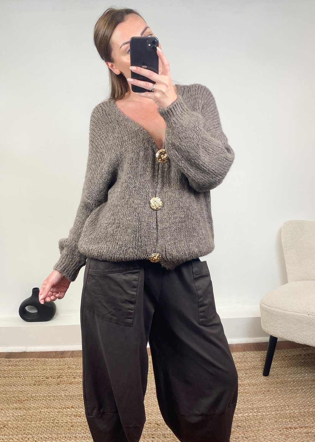 Elsa Brooch Cardigan in Mushroom