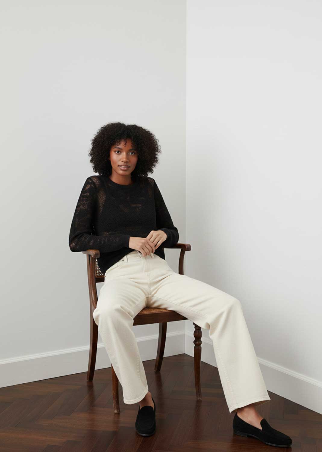 Fern Textured Crochet Knit Jumper Black